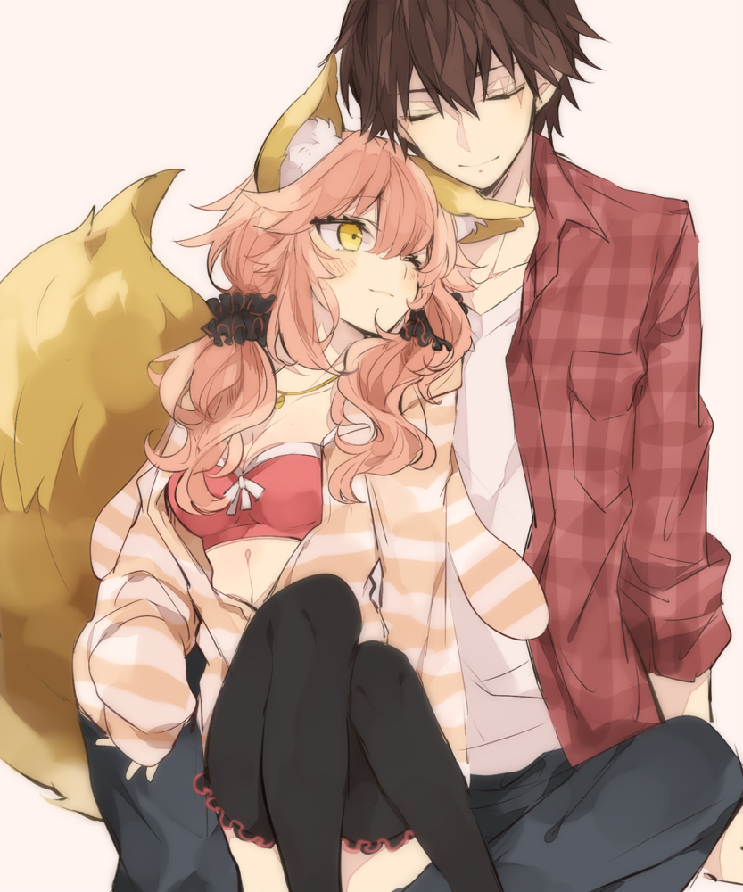 1boy 1girl alternate_costume animal_ears black_legwear blush bow bow_bra bra breasts brown_hair checkered checkered_shirt cleavage closed_eyes collared_shirt eyebrows eyebrows_visible_through_hair fate/extra fate/extra_ccc fate_(series) fox_ears fox_girl fox_tail frilled_legwear frills hair_between_eyes hand_on_leg head_rest hood hoodie jacket jewelry kishinami_hakuno_(male) knees_together leaning_back long_hair long_sleeves looking_up medium_breasts momiji_(00mmj00) necklace one_eye_closed open_clothes open_hoodie open_jacket open_shirt pants pink_hair pink_jacket scrunchie shirt short_hair simple_background sitting sitting_on_lap sitting_on_person sleeves_past_wrists sleeves_rolled_up smile striped striped_hoodie striped_jacket t-shirt tail tamamo_(fate)_(all) tamamo_no_mae_(fate) twintails underwear v-neck wavy_hair white_bow white_shirt yellow_eyes