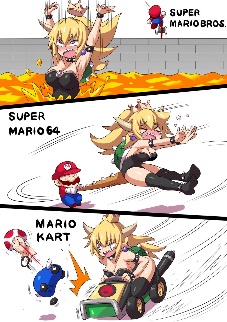 &gt;_&lt; 1girl 2boys anklet armlet armpits arms_up axe blonde_hair blush bowser bowsette bracelet breasts brooch collar commentary_request crown earrings facial_hair falling genderswap genderswap_(mtf) go_kart highres horns jewelry jumping konno_tohiro large_breasts lava leotard long_hair mario super_mario_bros. mario_kart molten_rock multiple_boys mustache new_super_mario_bros._u_deluxe nintendo open_mouth overalls ponytail sharp_teeth spiked_bracelet spiked_collar spiked_shell spikes super_crown super_mario_64 super_mario_bros. swinging tail tail_grab tears teeth thigh-highs toad turtle_shell wrist_cuffs