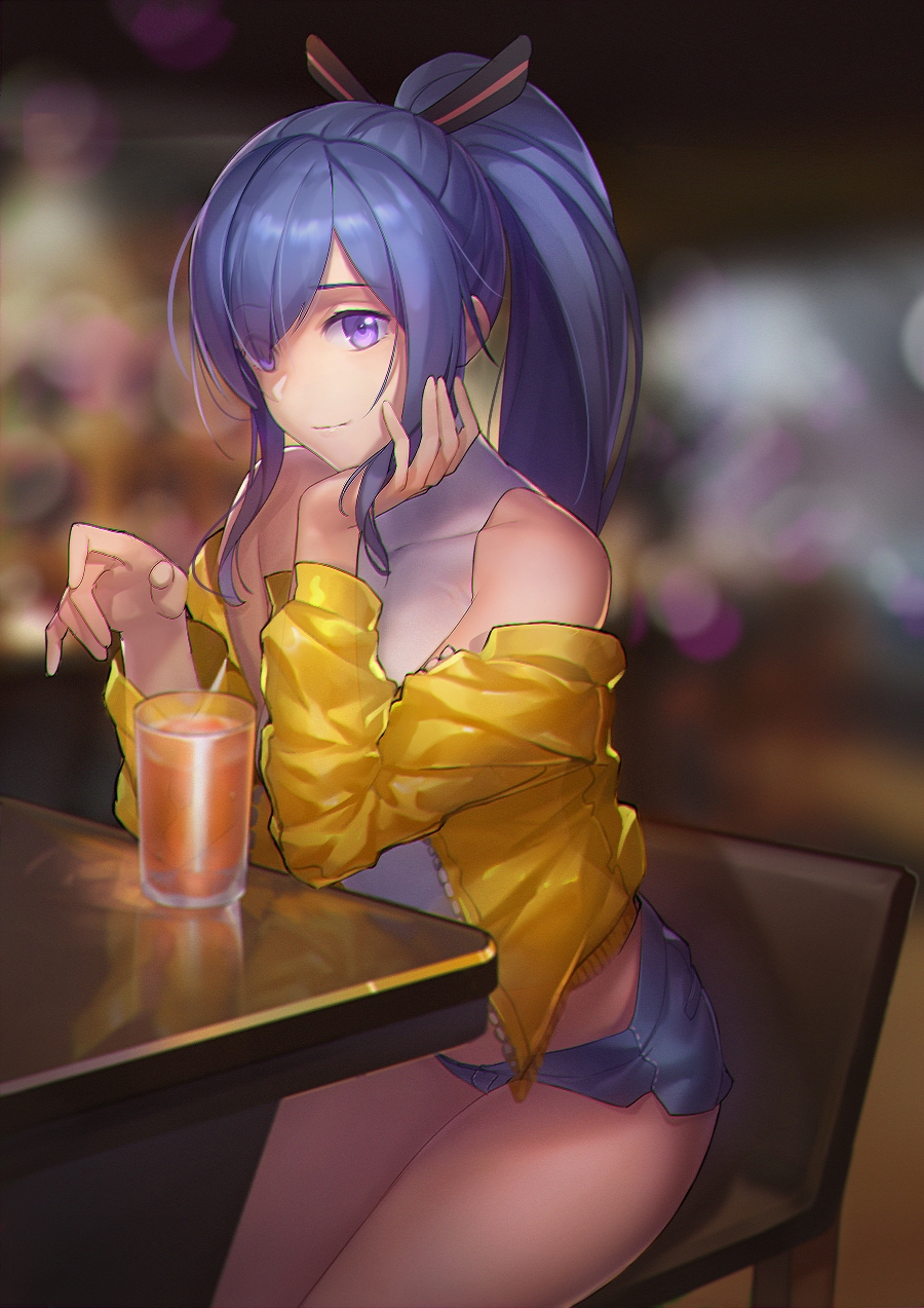 1girl bare_legs bare_shoulders blue_hair blue_shorts blurry blurry_background chair character_request commentary_request covered_collarbone cup drinking_glass eyebrows_visible_through_hair eyes_visible_through_hair hair_ribbon hand_on_own_chin highres jacket leaning_forward leaning_on_person legs_together leotard looking_at_viewer off_shoulder open_clothes open_jacket ponytail qiongsheng reflection ribbon short_shorts shorts sitting solo unzipped violet_eyes white_leotard yellow_jacket zhan_jian_shao_nyu zipper