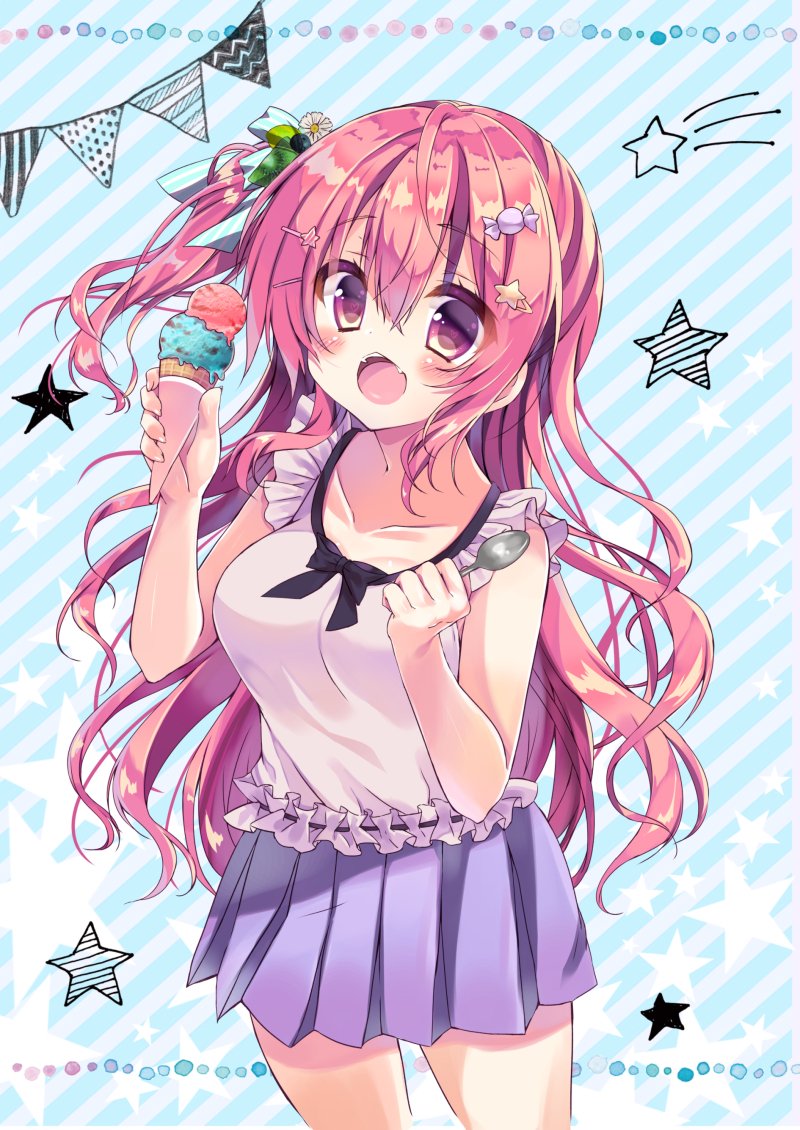 1girl bangs black_bow blue_bow blush bow breasts candy_hair_ornament collarbone commentary_request fangs flower food food_themed_hair_ornament frilled_shirt frilled_straps frills hair_between_eyes hair_bow hair_flower hair_ornament hairclip holding holding_food holding_spoon honoka_(1399871) ice_cream ice_cream_cone kiwi_slice long_hair looking_at_viewer medium_breasts one_side_up open_mouth original pink_hair pleated_skirt purple_skirt shirt shooting_star sidelocks skirt sleeveless sleeveless_shirt smile solo spoon standing star star_hair_ornament striped striped_bow very_long_hair violet_eyes