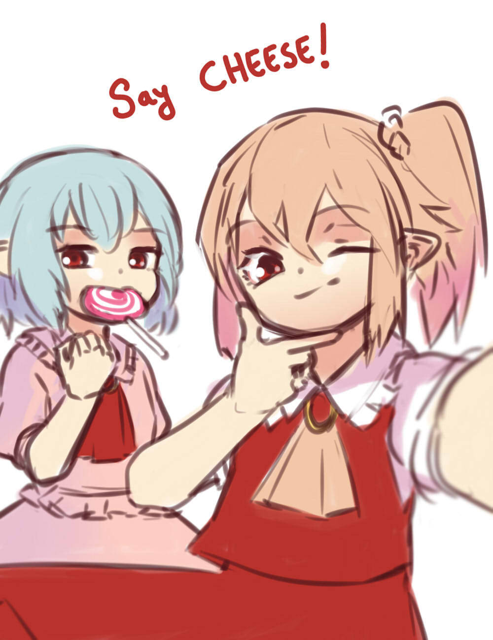 2girls ascot blue_hair candy eating english eyebrows_visible_through_hair flandre_scarlet food frilled_shirt frilled_shirt_collar frills hair_between_eyes highres in_mouth lollipop looking_at_viewer multiple_girls no_hat no_headwear one_eye_closed pointy_ears pose puffy_short_sleeves puffy_sleeves red_eyes remilia_scarlet self_shot shirt short_hair short_sleeves siblings side_ponytail simple_background sisters skirt skirt_set smile touhou upper_body white_background yoruny