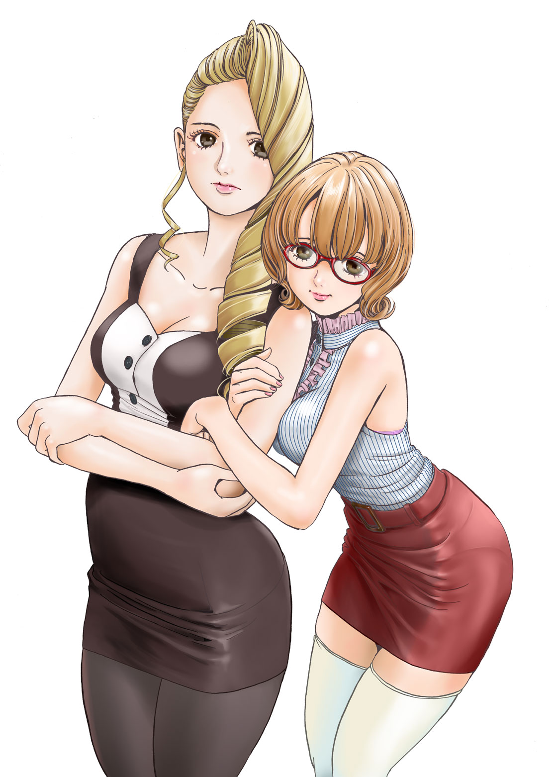 2girls arm_hug bare_shoulders between_breasts blonde_hair bra bra_peek breasts buckle buttons collarbone crossed_arms dress drill_hair frilled_shirt_collar frills glasses hair_over_one_eye head_on_another's_shoulder highres katayama_makoto lips long_hair looking_at_viewer medium_breasts multiple_girls nail_polish nib_pen_(medium) orange_hair original pantyhose pencil_skirt pink_bra pink_lips pink_nails red-framed_eyewear red_skirt short_hair sidelocks simple_background skirt sleeveless sleeveless_dress standing striped thigh-highs traditional_media underwear vertical_stripes yuri zettai_ryouiki