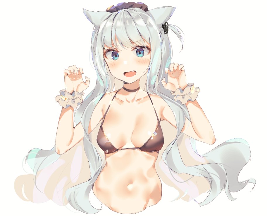 1girl animal_ears bikini bikini_top black_bikini blue_eyes breasts cat_ears claw_pose fang long_hair medium_breasts navel open_mouth original sabet_(young_ouo) swimsuit white_background