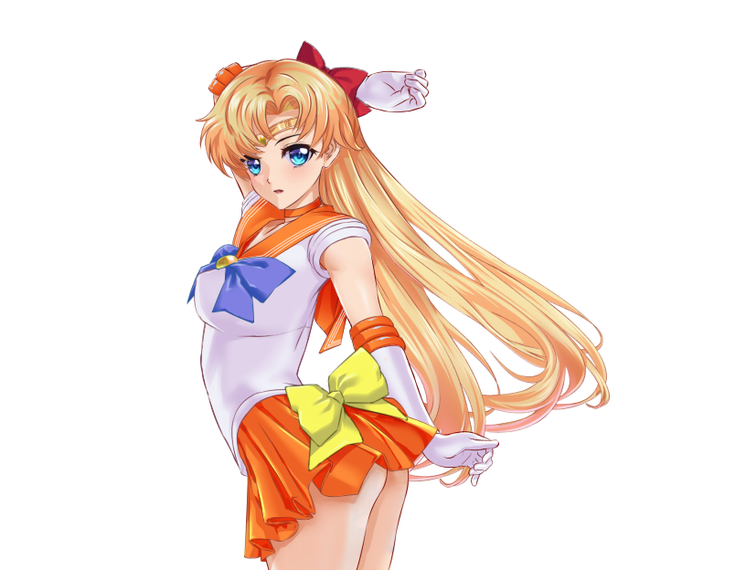 1girl arion_canvas arm_up bishoujo_senshi_sailor_moon blonde_hair blue_bow blue_eyes bow bowtie choker collarbone elbow_gloves floating_hair from_side gloves hair_bow long_hair looking_at_viewer miniskirt orange_skirt parted_lips pleated_skirt red_bow sailor_collar sailor_senshi_uniform sailor_venus shirt short_sleeves skirt solo standing transparent_background very_long_hair white_gloves white_shirt yellow_bow