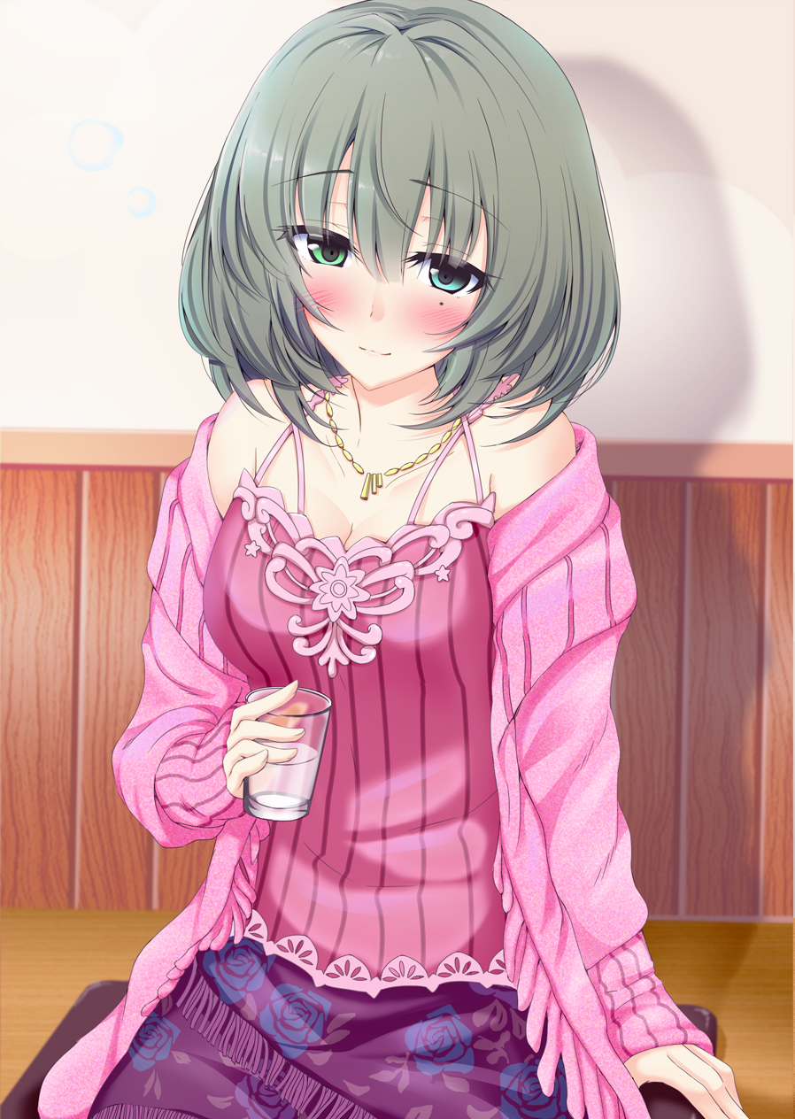 1girl blue_eyes blush breasts cleavage eyebrows_visible_through_hair green_eyes hair_between_eyes heterochromia highres idolmaster idolmaster_cinderella_girls jewelry medium_breasts necklace off_shoulder short_hair smile solo sweater takagaki_kaede wainscoting yuu_(oosakazaijyuu)