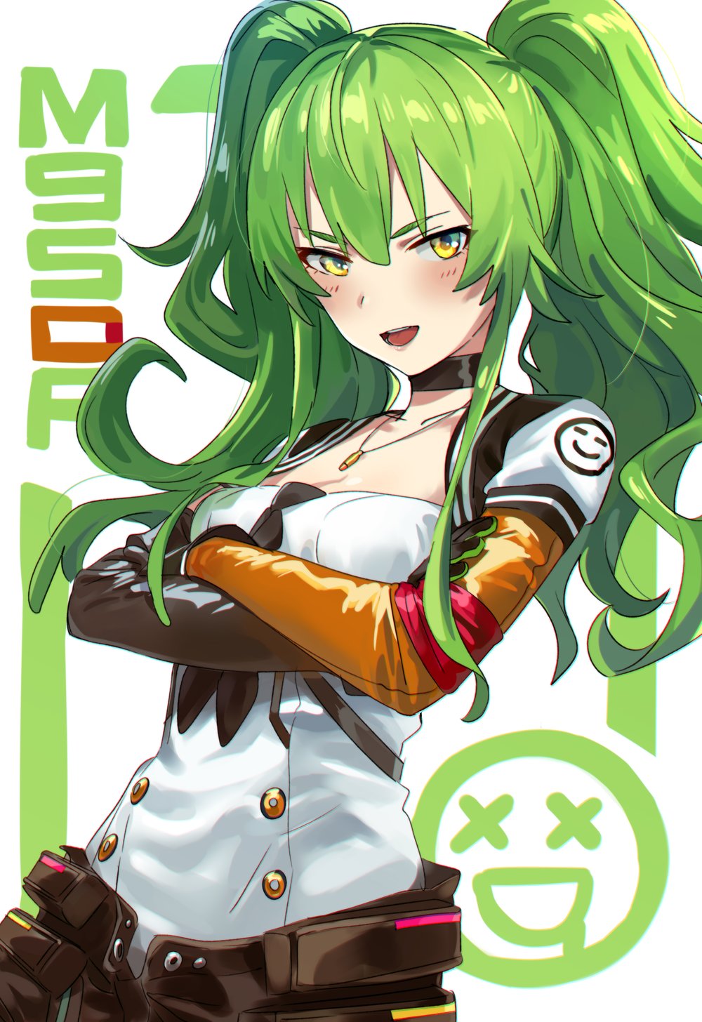 1girl ahoge arm_up asymmetrical_gloves bangs black_gloves blush breasts bullet character_name choker cleavage collarbone crossed_arms elbow_gloves eyebrows_visible_through_hair girls_frontline gloves green_hair hair_between_eyes highres jewelry long_hair looking_at_viewer m950a_(girls_frontline) medium_breasts messy_hair necklace necktie open_mouth playing_with_hair sidelocks simple_background smile solo twintails two_side_up upper_body yellow_eyes yomosaka