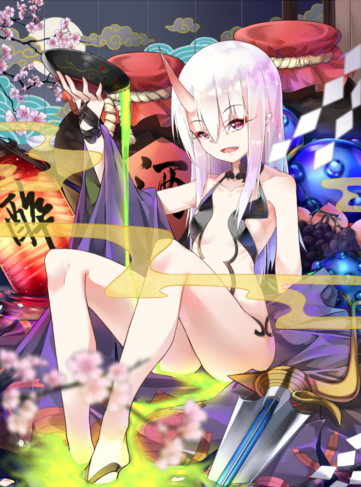 1girl bare_shoulders blush cosplay cup fate/grand_order fate/kaleid_liner_prisma_illya fate/stay_night fate_(series) flat_chest gala_king horn illyasviel_von_einzbern japanese_clothes kimono long_hair looking_at_viewer navel off_shoulder oni_horn open_mouth red_eyes revealing_clothes sakazuki shuten_douji_(fate/grand_order) shuten_douji_(fate/grand_order)_(cosplay) smile solo white_hair