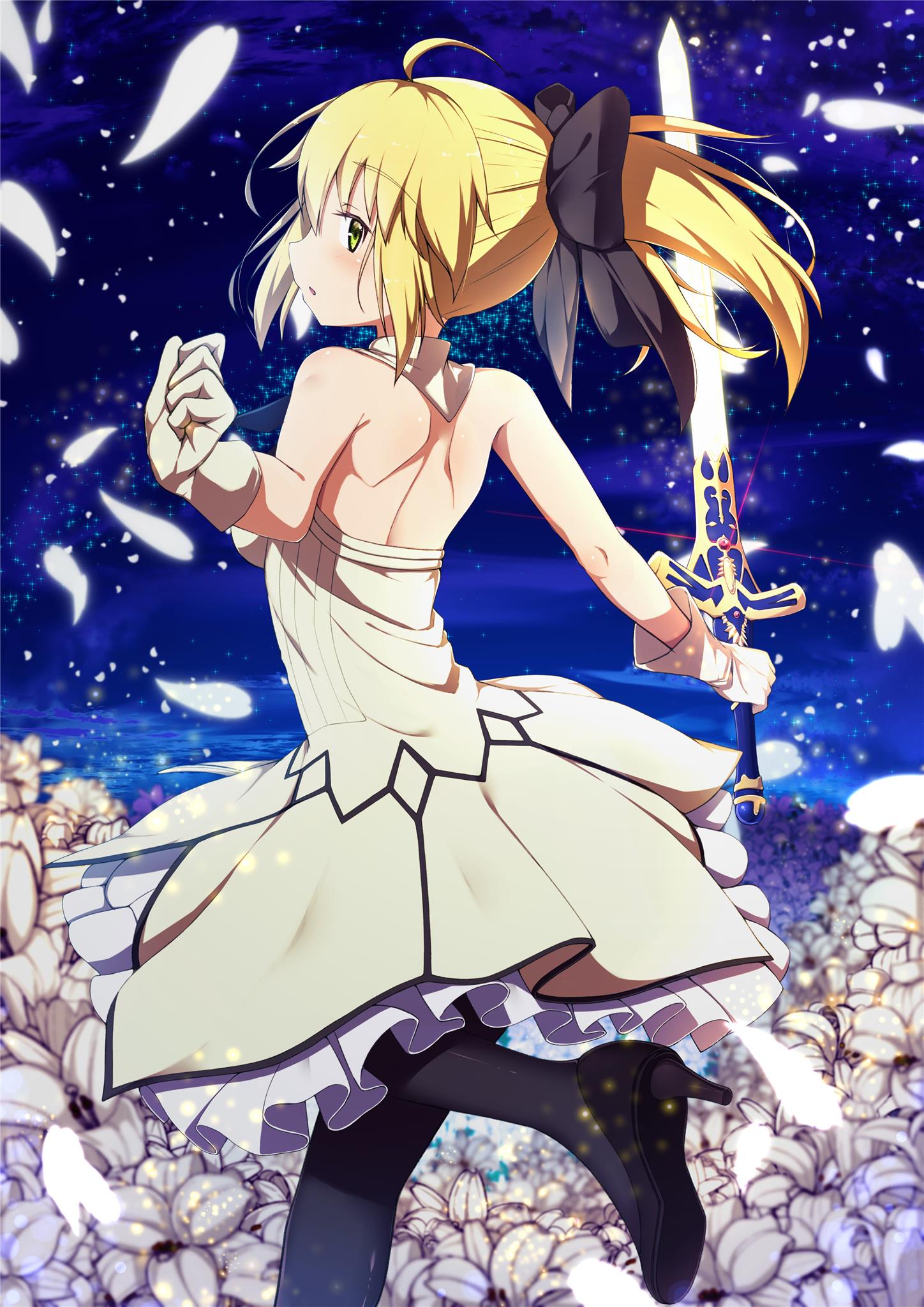 1girl ahoge artoria_pendragon_(all) black_bow black_footwear black_legwear blonde_hair blue_sky bow choker dress excalibur eyebrows_visible_through_hair fate/unlimited_codes fate_(series) floating_hair flower gloves green_eyes hair_between_eyes hair_bow head_tilt high_heels highres holding holding_sword holding_weapon kawaruhi leg_up long_hair outdoors outstretched_arms parted_lips petals ponytail pumps saber_lily short_dress shoulder_blades sky solo standing standing_on_one_leg strapless strapless_dress sword weapon white_dress white_flower white_gloves