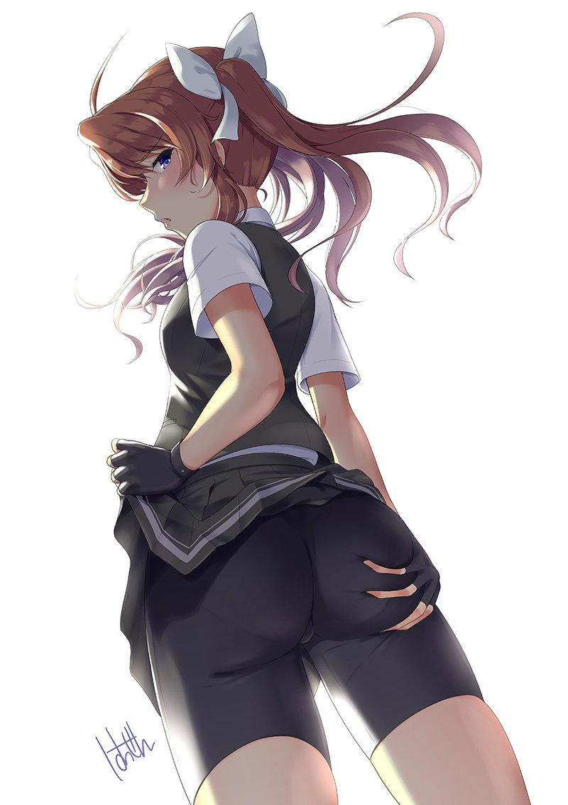 1girl 8000 ahoge ass_grab bike_shorts black_gloves black_shorts brown_hair commentary_request cowboy_shot fingerless_gloves from_behind from_below gloves hair_ribbon kagerou_(kantai_collection) kantai_collection long_hair looking_at_viewer remodel_(kantai_collection) ribbon school_uniform shirt short_sleeves shorts shorts_under_skirt solo twintails white_ribbon white_shirt