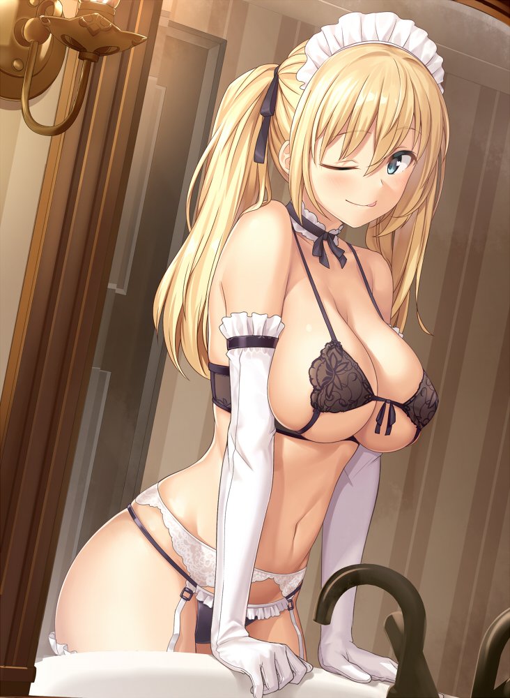 1girl ;p bangs black_ribbon blonde_hair blue_eyes blush bra breasts candlelight candlestand choker cleavage collarbone elbow_gloves eyebrows_visible_through_hair faucet frilled_choker frilled_panties frills front-tie_bra garter_belt garter_straps gloves groin hair_ribbon indoors large_breasts lingerie looking_at_viewer maid maid_headdress navel one_eye_closed original panties purple_bra purple_panties ribbon sawada_yuusuke sidelocks sink skindentation smile solo stomach thighs toned tongue tongue_out twintails underwear underwear_only white_gloves