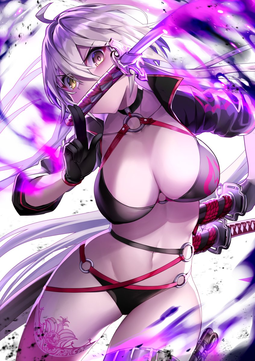 1girl ahoge bangs bikini black_bikini black_choker black_jacket breasts choker commentary_request cowboy_shot cropped_jacket eyebrows_visible_through_hair fate/grand_order fate_(series) gendo0032 gloves hair_between_eyes highres jacket jeanne_d'arc_(alter_swimsuit_berserker) jeanne_d'arc_(fate)_(all) katana large_breasts long_hair multicolored multicolored_background navel o-ring o-ring_bikini o-ring_bottom o-ring_top red_legwear silver_hair single_thighhigh solo swimsuit sword thigh-highs thigh_strap waist weapon yellow_eyes