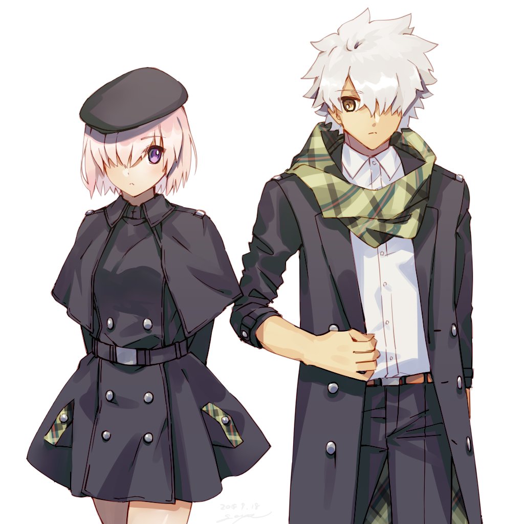 1boy 1girl buttons casual closed_mouth commentary_request eyebrows_visible_through_hair fate/grand_order fate_(series) galahad_(fate) goya_(xalbino) hair_between_eyes hair_over_one_eye hat jacket mash_kyrielight open_clothes open_jacket pink_hair pocket scarf short_hair simple_background spiky_hair violet_eyes white_background white_hair yellow_eyes