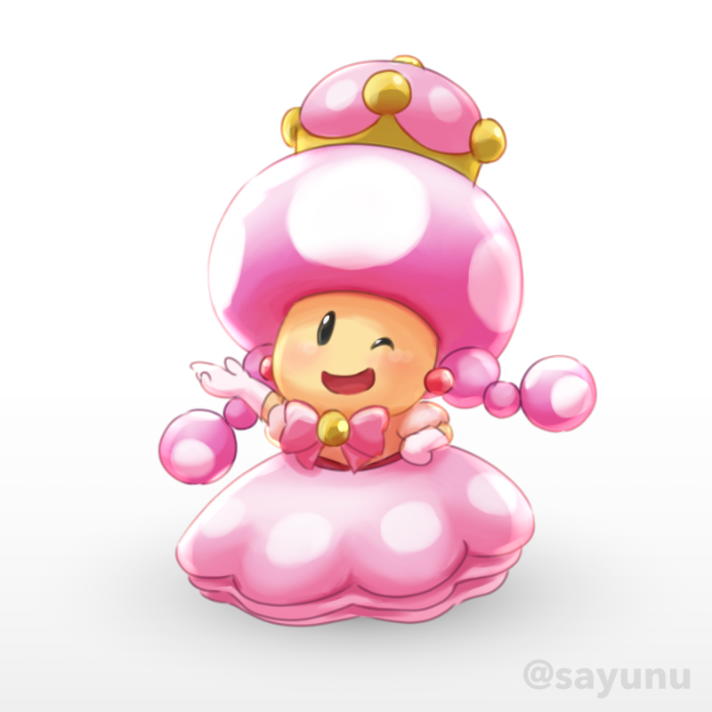 1girl ;d artist_name black_eyes blush bow bowtie crown dress earrings elbow_gloves full_body gloves jewelry looking_at_viewer super_mario_bros. nintendo one_eye_closed open_mouth pink_bow pink_dress pink_hair sayuri_(sayunu) simple_background smile standing super_crown super_mario_bros. toadette