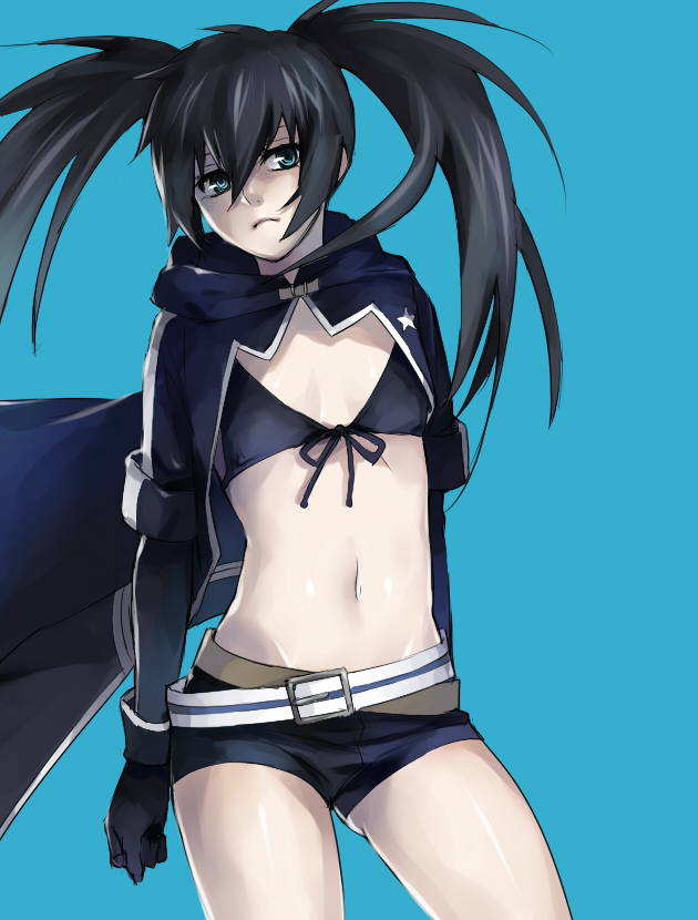 1girl belt black_bikini_top black_cloak black_gloves black_hair black_ribbon black_rock_shooter black_rock_shooter_(character) black_shorts blue_background breasts cowboy_shot floating_hair front-tie_bikini front-tie_top gloves green_eyes hair_between_eyes long_hair midriff navel ribbon shiny shiny_skin shiromi_(ringo) short_shorts shorts simple_background small_breasts solo standing stomach twintails