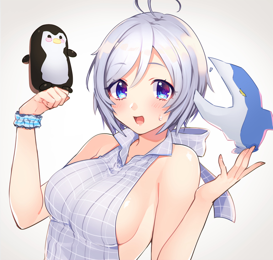 1girl :d antenna_hair bangs bare_arms bare_shoulders bbbannooo blue_eyes blush breasts collared_shirt dennou_shoujo_youtuber_shiro eyebrows_visible_through_hair fingernails gradient gradient_background grey_background grey_shirt hands_up looking_at_viewer medium_breasts open_mouth scrunchie shiro_(dennou_shoujo_youtuber_shiro) shirt short_hair sideboob sleeveless sleeveless_shirt smile solo stuffed_animal stuffed_penguin stuffed_toy sweatdrop swept_bangs upper_body white_hair wing_collar wrist_scrunchie