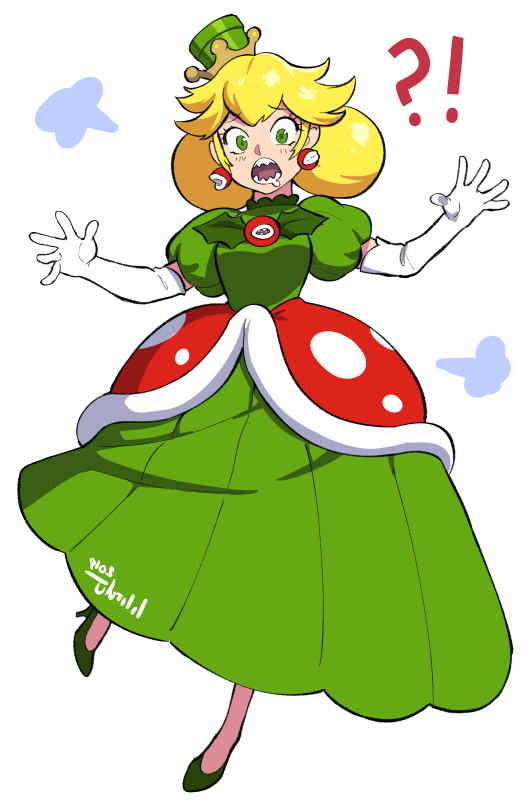 !? blonde_hair dress drooling earrings elbow_gloves fangs gloves gown green_dress green_eyes high_heels jewelry lilirulu super_mario_bros. nintendo open_mouth personification piranha_plant puffy_sleeves saliva sharp_teeth super_crown super_mario_bros. transparent_background