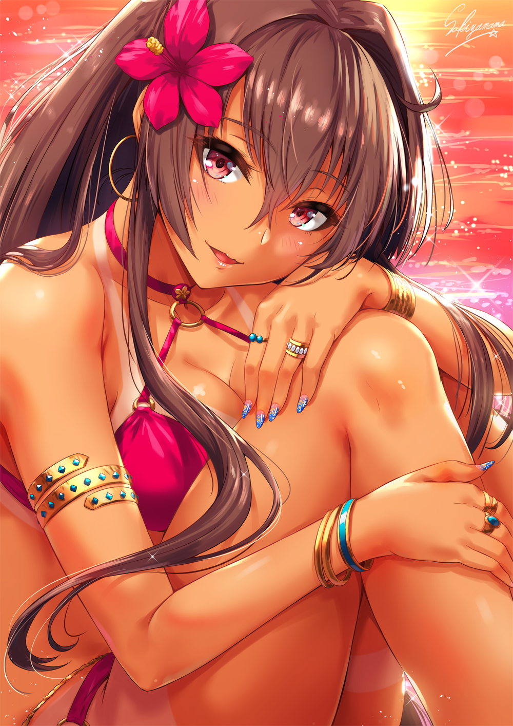 1girl armlet artist_name beach bikini blue_nails blush bracelet breasts brown_hair cleavage collarbone criss-cross_halter earrings flower hair_between_eyes hair_flower hair_intakes hair_ornament halterneck hand_on_own_knee highres hoop_earrings jewelry kantai_collection knees_up large_breasts lips long_hair looking_at_viewer nail_polish o-ring o-ring_bikini open_mouth pink_bikini ring sakiyamama sidelocks smile solo sunset swimsuit tan tanline thigh_strap very_long_hair violet_eyes yamato_(kantai_collection)