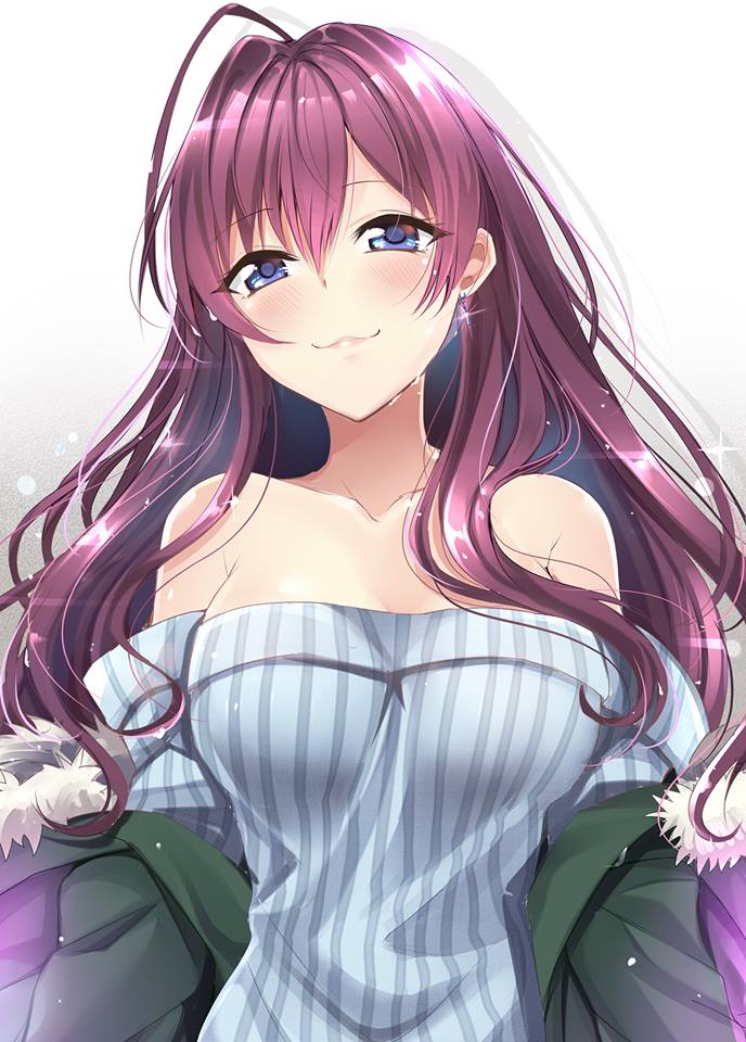 1girl :3 ahoge blue_eyes brown_hair collarbone commentary_request gu_li head_tilt ichinose_shiki idolmaster idolmaster_cinderella_girls idolmaster_cinderella_girls_starlight_stage jacket long_hair looking_at_viewer off-shoulder_shirt open_clothes open_jacket shirt solo sparkle striped striped_shirt