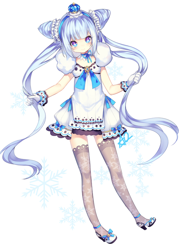 1girl blue_hair blush crown demon_girl elsword eyelashes fluffy_collar glacier gloves luciela_r._sourcream playing_with_own_hair ribbon smile snowflakes star star-shaped_pupils symbol-shaped_pupils twintails utm
