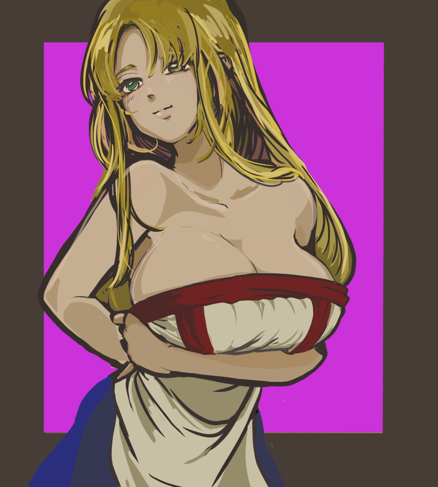 1girl arc_the_lad arc_the_lad_ii bare_shoulders blonde_hair blush breasts cleavage closed_mouth commentary_request dress hair_down hakushin large_breasts lieza long_hair solo very_long_hair
