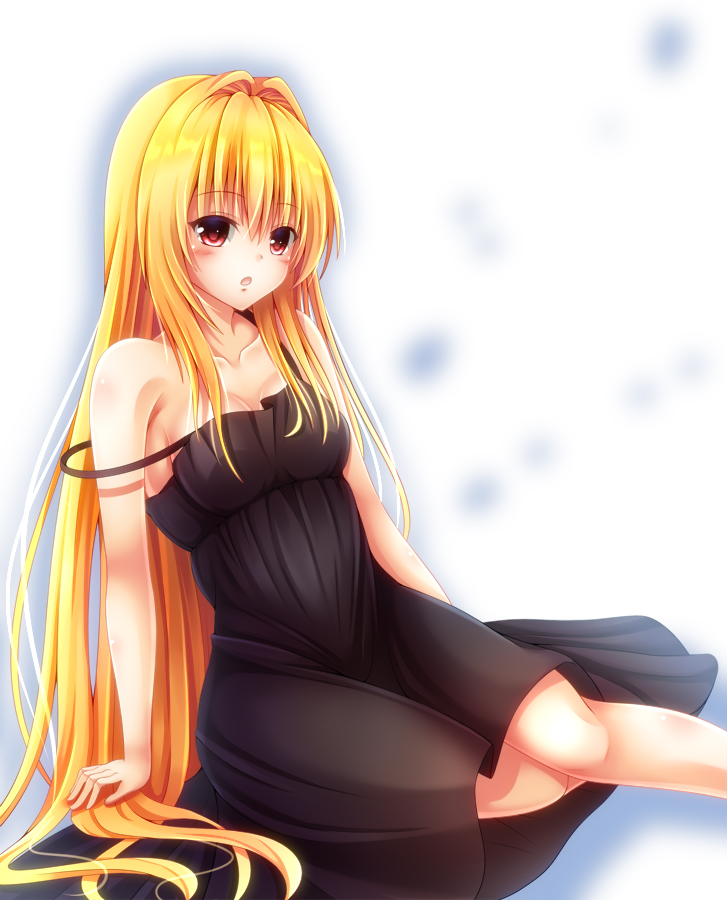 1girl :o black_dress blonde_hair blush breasts collarbone dress eyebrows_visible_through_hair hair_between_eyes konjiki_no_yami long_dress long_hair medium_breasts red_eyes sitting solo spaghetti_strap strap_slip to_love-ru to_love-ru_darkness very_long_hair yanagi_no_ki