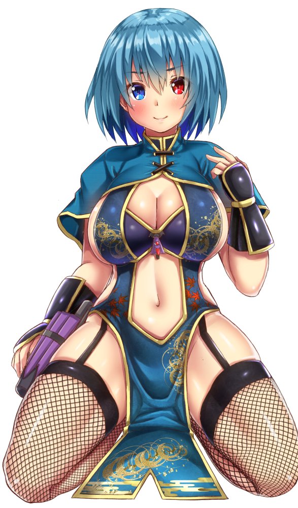 1girl alternate_costume bangs blue_capelet blue_dress blue_eyes blue_hair blush breasts capelet china_dress chinese_clothes cleavage closed_umbrella commentary_request dress ebi_193 eyebrows_visible_through_hair fishnet_legwear fishnets full_body garter_straps hair_between_eyes hand_up heterochromia large_breasts leaf_print looking_at_viewer navel pelvic_curtain purple_umbrella red_eyes seiza shiny shiny_skin short_hair simple_background sitting smile solo stomach tatara_kogasa thigh-highs thighs touhou umbrella vambraces white_background