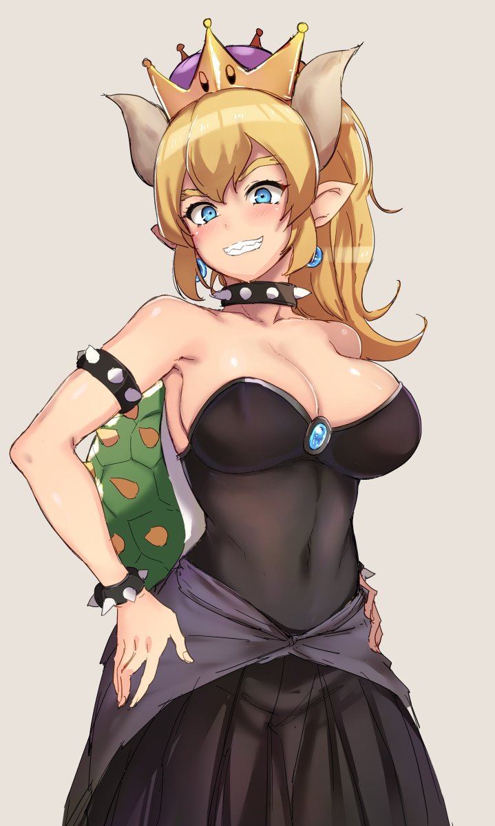 1girl alp armlet bare_shoulders black_dress blonde_hair blue_eyes bowser bowsette bracelet breasts collar covered_navel crown dress genderswap genderswap_(mtf) highres horns jewelry large_breasts long_hair looking_at_viewer super_mario_bros. new_super_mario_bros._u_deluxe nintendo ponytail shiny shiny_hair shiny_skin simple_background solo spiked_bracelet spiked_collar spikes standing strapless strapless_dress super_crown tail turtle_shell