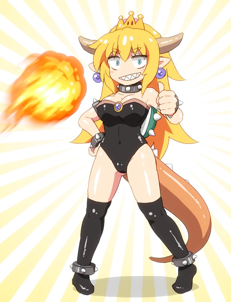 1girl blonde_hair blue_eyes borrowed_design bowser bowsette bracelet breasts brooch collar commentary_request earrings emphasis_lines eyebrows_visible_through_hair fireball full_body genderswap genderswap_(mtf) hand_on_hip horns jewelry leotard super_mario_bros. new_super_mario_bros._u_deluxe nintendo pointy_ears sharp_teeth shirosato slit_pupils solo spiked_anklet spiked_armlet spiked_bracelet spiked_collar spikes super_crown super_mario_bros. tail teeth thigh-highs thumbs_up turtle_shell