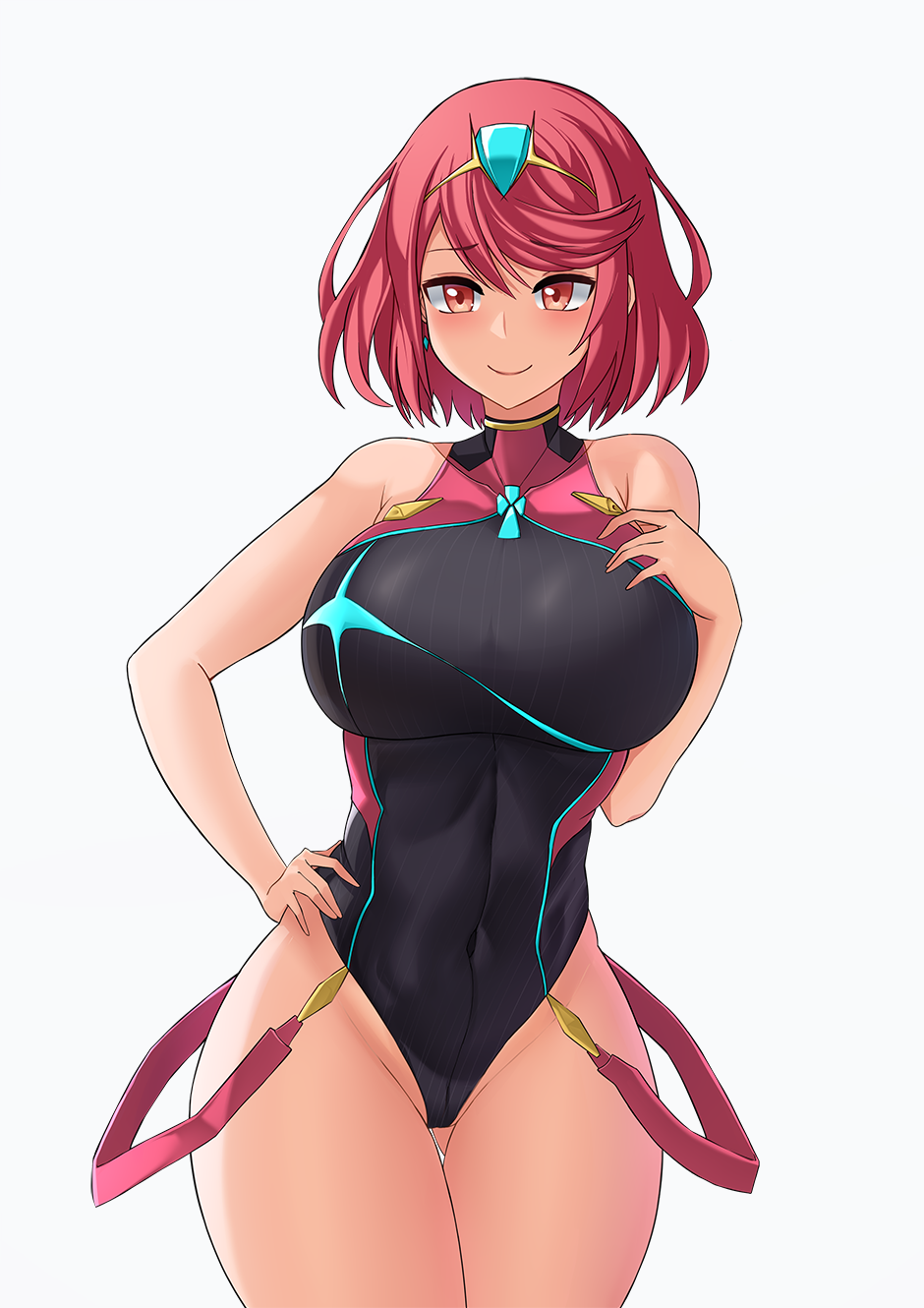 1girl aori_sora ass_visible_through_thighs bare_arms bare_shoulders breasts closed_mouth commentary covered_collarbone covered_navel cowboy_shot earrings eyebrows_visible_through_hair grey_background hand_on_hip hand_on_own_chest highleg highleg_leotard highres pyra_(xenoblade) huge_breasts jewelry legs_together leotard looking_at_viewer nintendo red_eyes redhead short_hair simple_background skin_tight smile solo standing suspenders thigh_gap tiara xenoblade_(series) xenoblade_2