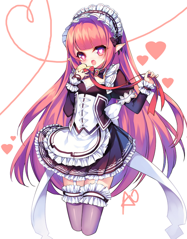 1girl apron demon_girl elsword heart heart-shaped_pupils long_hair luciela_r._sourcream maid maid_apron maid_headdress open_mouth pointy_ears red_eyes redhead ribbon symbol-shaped_pupils utm