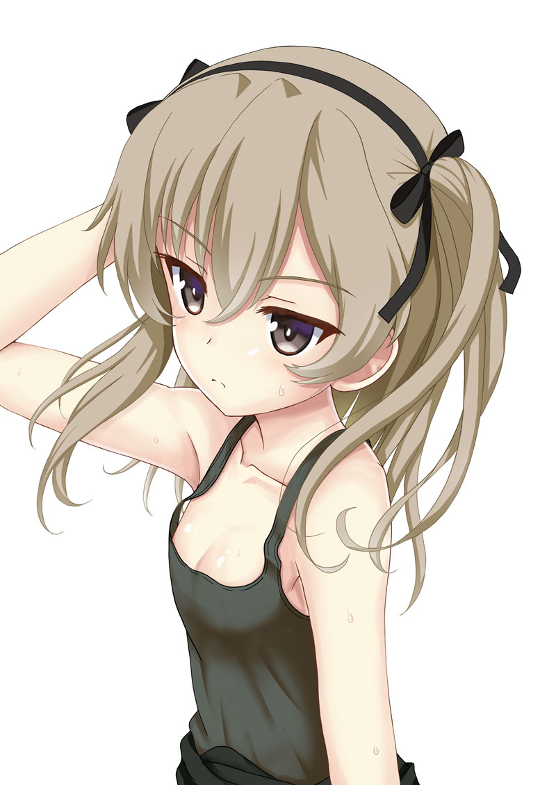 1girl arm_up bangs bare_arms bare_shoulders black_hairband black_ribbon black_tank_top blush brown_eyes brown_hair closed_mouth collarbone commentary_request eyebrows_visible_through_hair flipper girls_und_panzer hair_between_eyes hair_ribbon hairband long_hair looking_at_viewer ribbon shimada_arisu simple_background solo sweat tank_top two_side_up v-shaped_eyebrows white_background