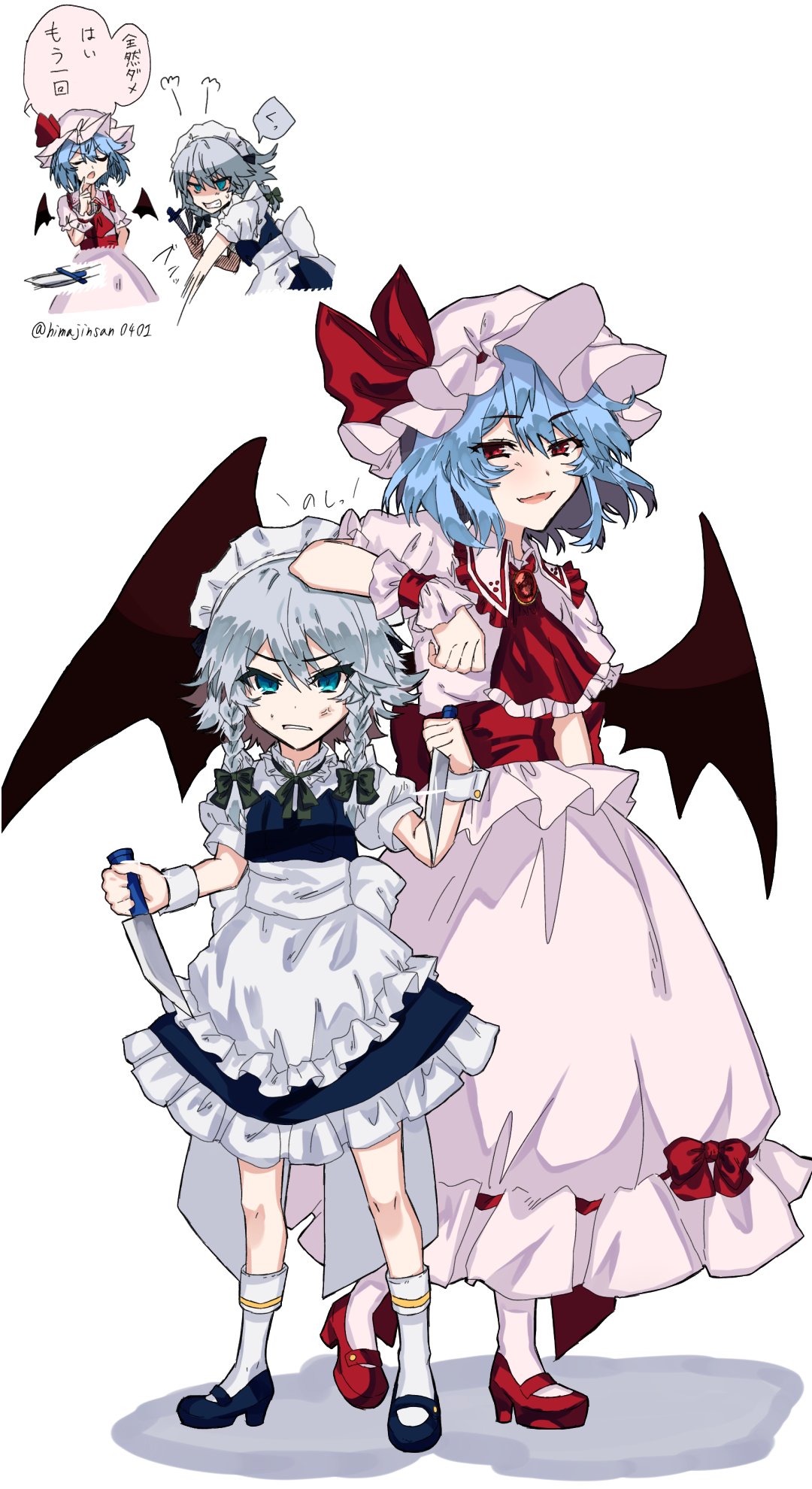 2girls angry annoyed apron arm_on_head ascot bat_wings black_bow black_ribbon blue_dress bow braid brooch clenched_teeth dress dual_wielding frilled_shirt_collar frills hair_between_eyes hair_ribbon hat hat_ribbon high_heels highres himajinsan0401 holding holding_knife inset izayoi_sakuya jewelry kneehighs knife layered_clothing light_blue_hair looking_at_viewer maid maid_apron maid_headdress mary_janes mob_cap multiple_girls open_mouth pink_hat pink_legwear pink_shirt pink_skirt puffy_short_sleeves puffy_sleeves red_eyes red_footwear red_neckwear remilia_scarlet ribbon shirt shoes short_hair short_sleeves silver_hair skirt smile socks sparkle standing teeth throwing_knife touhou translated twin_braids weapon white_background white_dress wings wrist_cuffs younger