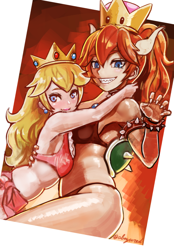 2girls abazu-red blonde_hair blue_eyes blush bowser bowsette crown fire looking_at_viewer super_mario_bros. multiple_girls navel nintendo panties ponytail princess_peach red_eyes redhead smile super_mario_bros. underwear yuri