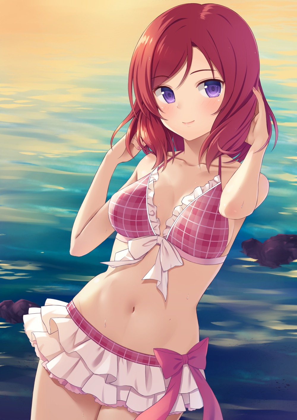 1girl arms_up bikini bikini_skirt blush bow_bikini breasts cowboy_shot cute frilled_bikini frills hands_in_hair highres looking_at_viewer love_live! love_live!_school_idol_project medium_breasts moe n.g. navel nishikino_maki ocean outdoors parted_lips pink_bikini redhead short_hair smile solo standing swimsuit violet_eyes