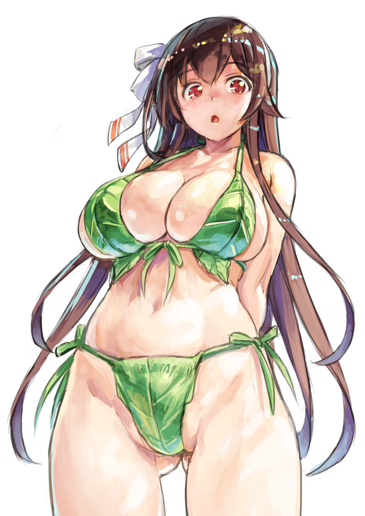 .live 1girl arms_behind_back bare_shoulders bikini blush breasts brown_hair cleavage gluteal_fold green_bikini hair_ribbon kiyama_satoshi large_breasts long_hair looking_at_viewer navel open_mouth plump red_eyes ribbon simple_background solo swimsuit virtual_youtuber white_background yaezawa_natori