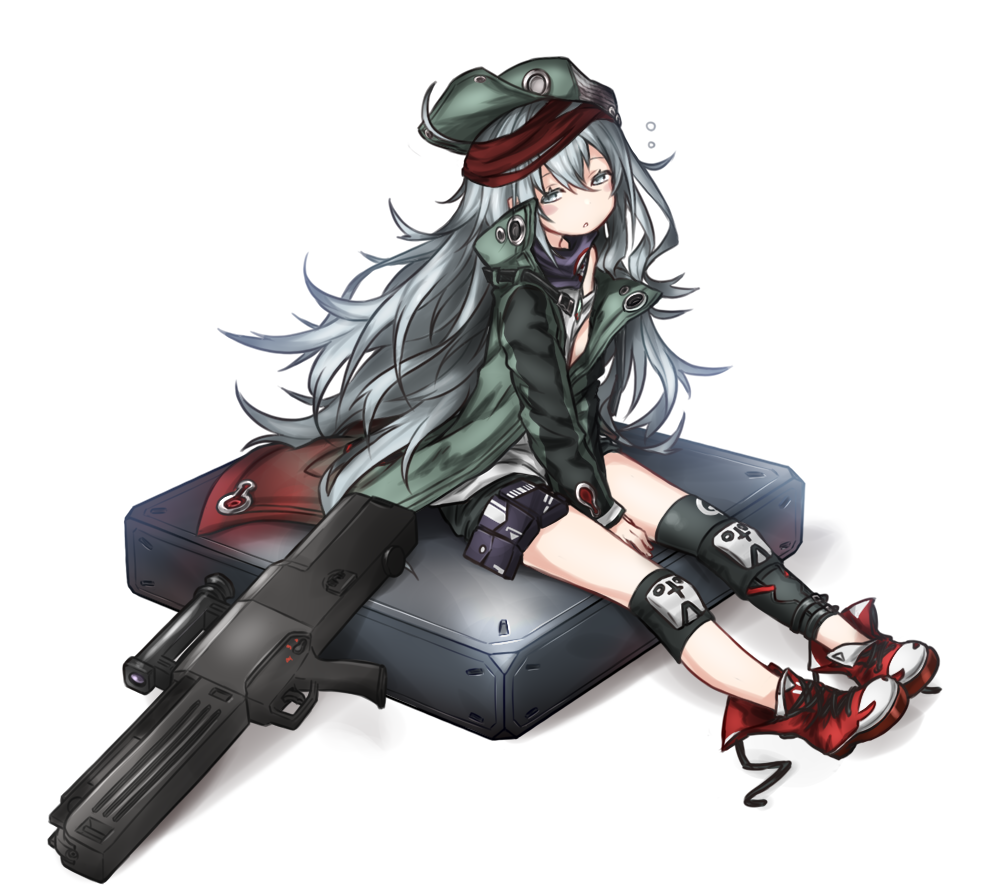 1girl assault_rifle bangs between_legs boots flat_cap g11 g11_(girls_frontline) girls_frontline green_hat green_jacket green_shorts grey_eyes grey_hair gun hair_between_eyes hand_between_legs hat jacket kazana_(sakuto) long_hair long_sleeves looking_at_viewer object_namesake parted_lips red_footwear rifle shadow shirt short_shorts shorts sideways_hat simple_background sitting solo very_long_hair weapon white_background white_shirt