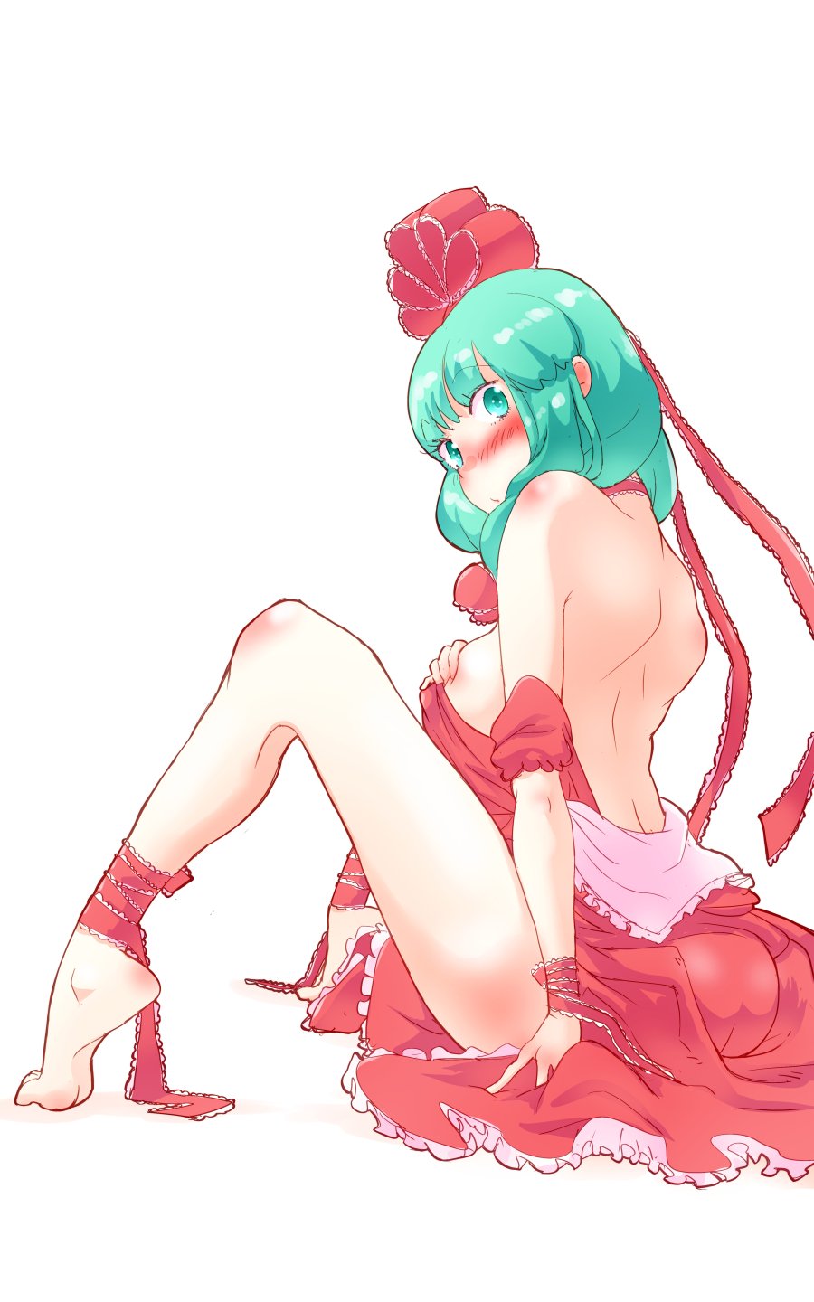 1girl ankle_ribbon ass bare_back bare_shoulders barefoot blush breast_suppress breasts clothes_down commentary erect_nipples frills green_eyes green_hair hair_ribbon highres kagiyama_hina large_breasts looking_at_viewer neck_ribbon non_(z-art) off_shoulder ribbon simple_background touhou undressing white_background