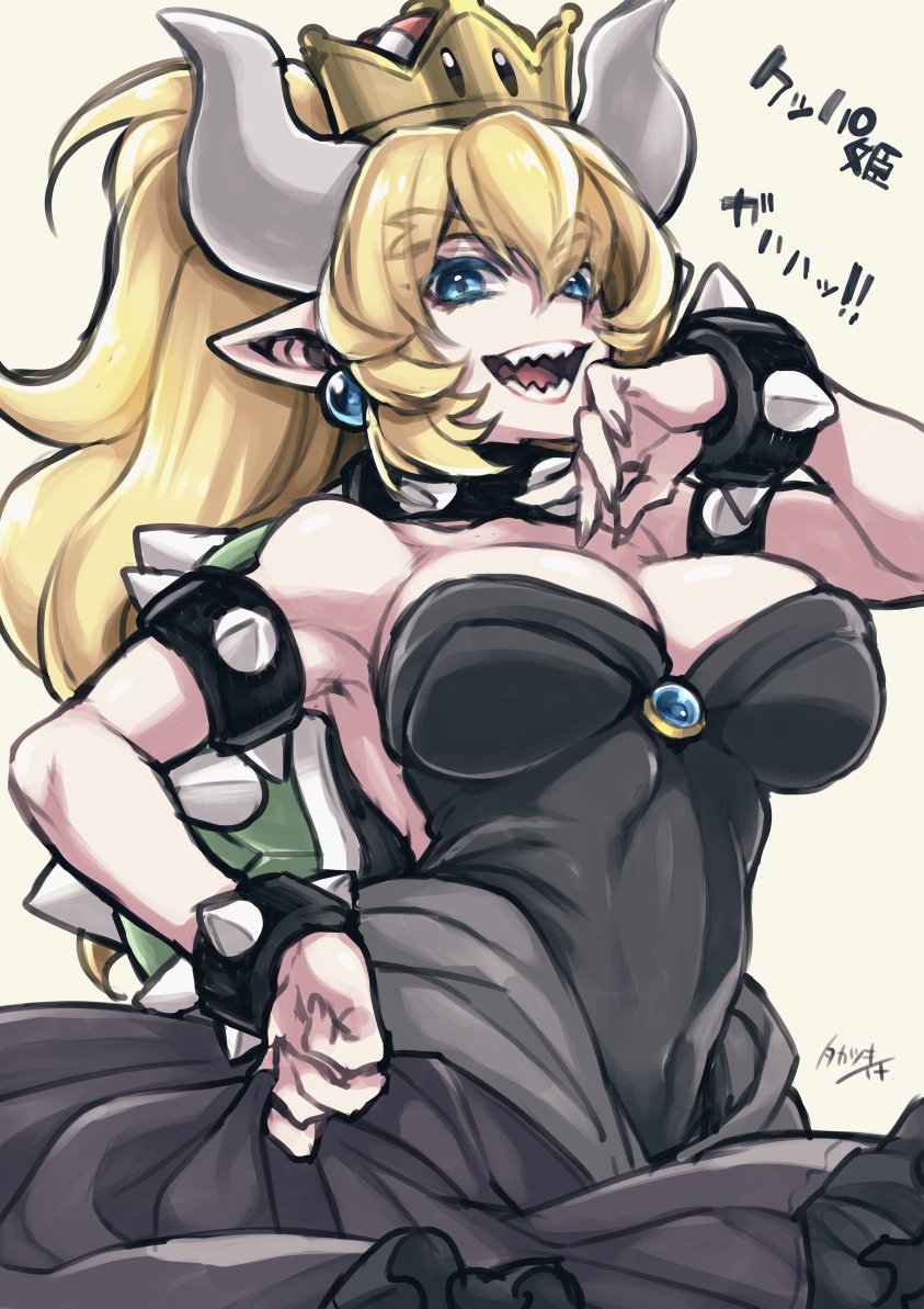 1girl armlet bare_shoulders black_dress blonde_hair blue_eyes bowser bowsette bracelet breasts collar crown dress genderswap genderswap_(mtf) horns jewelry large_breasts laughing super_mario_bros. new_super_mario_bros._u_deluxe nintendo ponytail sharp_teeth spiked_bracelet spiked_collar spikes super_crown super_mario_bros. takatsuki_ichi teeth turtle_shell