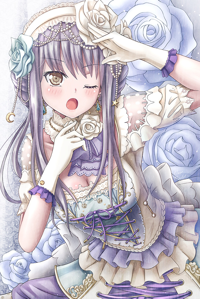 1girl ;o ascot back_bow bang_dream! bangs bin_murasaki blue_flower blue_rose blush bow braid breasts cleavage commentary_request crescent cross-laced_clothes detached_collar dress earrings eyebrows_visible_through_hair flower frilled_gloves frills gloves grey_eyes hair_flower hair_ornament hairband hand_on_own_chest hand_to_forehead head_chain jewelry lace lace-trimmed_hairband lolita_hairband long_hair medium_breasts minato_yukina one_eye_closed pearl purple_hair rose see-through_sleeves short_sleeves solo star violet_eyes white_bow white_flower white_gloves white_hairband white_rose