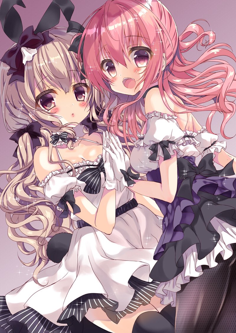 2girls animal_ears back_bow black_bow black_legwear blonde_hair blush bow bowtie breasts bunny_girl bunny_tail choker collar commentary_request dress eyebrows_visible_through_hair fangs fishnet_pantyhose fishnets frill_trim frilled_choker frilled_dress frilled_skirt frills glove_bow gloves hair_between_eyes hair_bow hand_holding honoka_(1399871) looking_at_viewer looking_back low_twintails medium_breasts multiple_girls off-shoulder_dress off_shoulder open_mouth original pantyhose parted_lips petting pink_hair pleated_skirt puffy_short_sleeves puffy_sleeves purple_dress rabbit_ears short_sleeves sidelocks skirt smile strapless strapless_dress striped tail thigh-highs tied_hair twintails underbust vertical-striped_skirt vertical_stripes violet_eyes waist_bow wavy_hair white_dress white_gloves