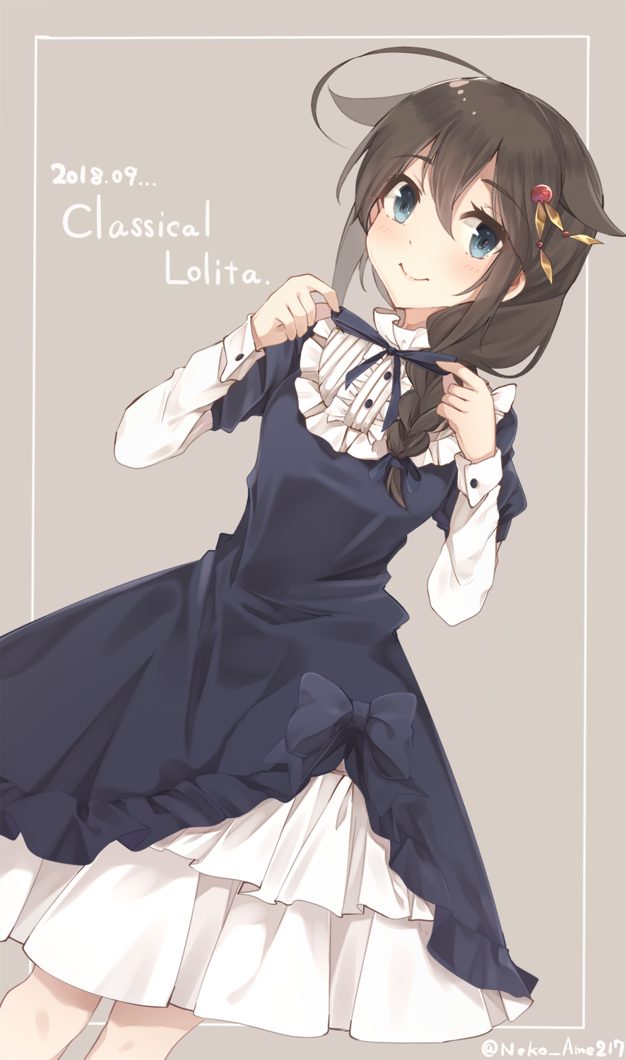 1girl adjusting_neckwear ahoge alternate_costume artist_name beige_background blue_dress blue_eyes blue_neckwear blue_ribbon blush braid brown_hair buttons commentary_request dated dress frilled_dress frills hair_between_eyes hair_flaps hair_ornament hair_over_shoulder hair_ribbon highres kantai_collection lolita_fashion long_hair long_sleeves looking_at_viewer neck_ribbon neko_ame ribbon shigure_(kantai_collection) sidelocks signature simple_background single_braid smile solo twitter_username