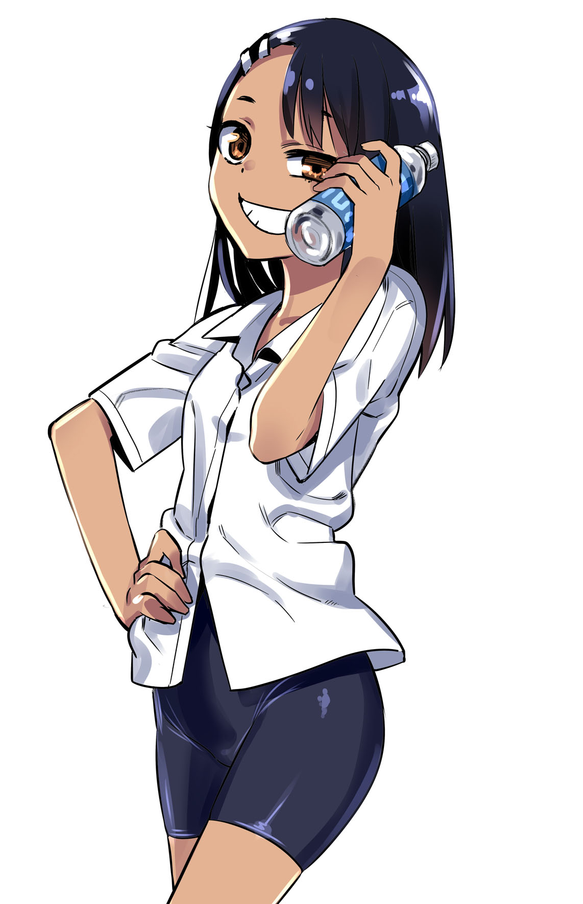 774_(nanashi) bike_shorts black_hair bottle brown_eyes grin hand_on_hip highres ijiranaide_nagatoro-san looking_at_viewer medium_hair nagatoro simple_background smile tan white_background