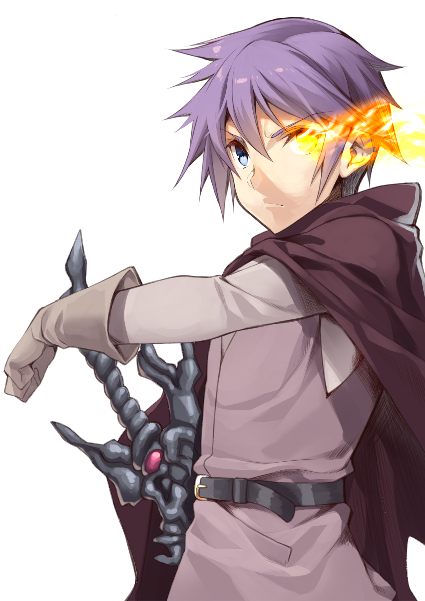 1boy belt blue_eyes burning_eye cape commentary_request gloves hair_between_eyes highres luka_(mon-musu_quest!) male_focus mon-musu_quest! purple_hair serious short_hair simple_background solo spiky_hair sword tunic weapon white_background yappen