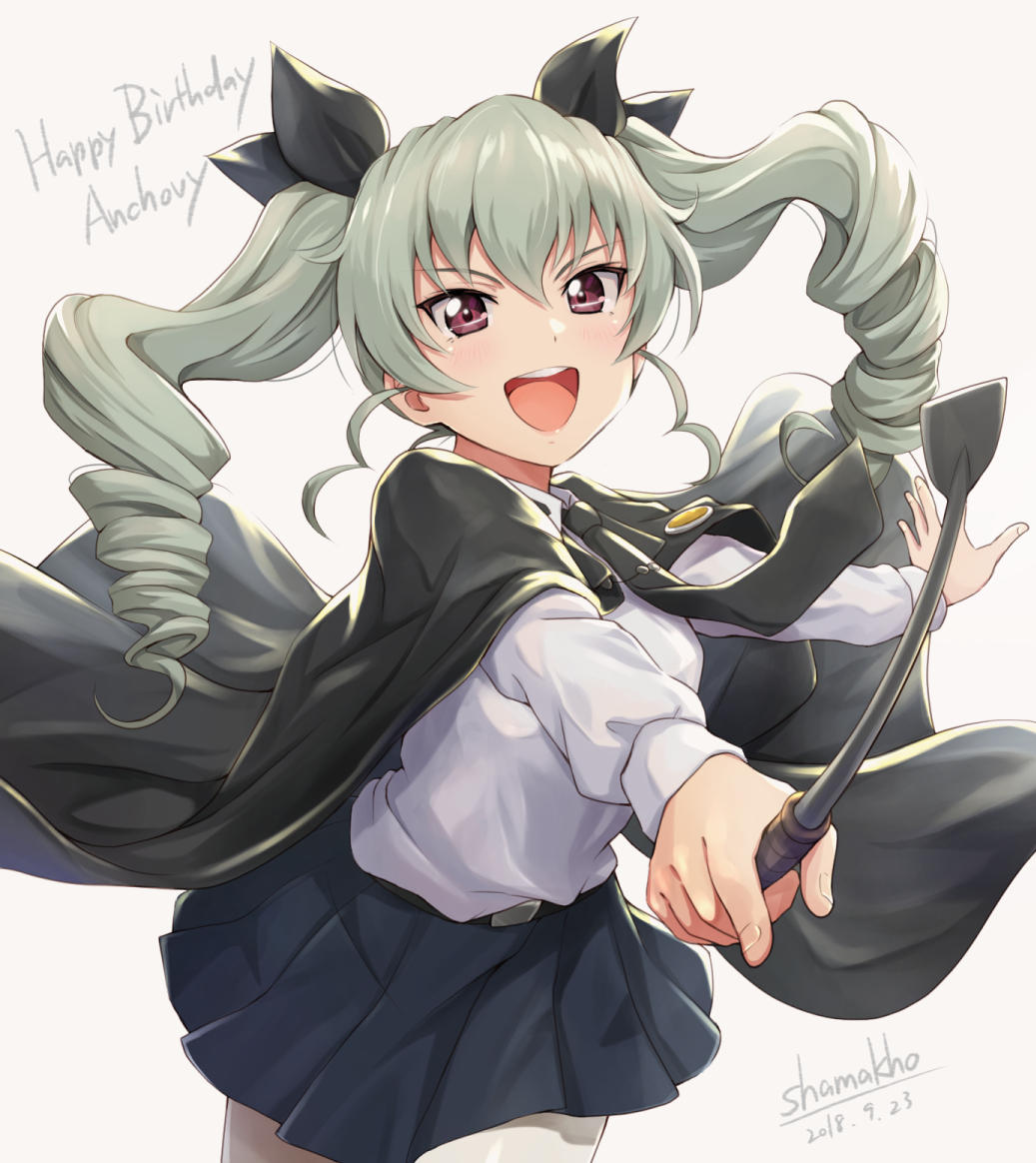 1girl :d anchovy artist_name bangs belt black_cape black_neckwear black_ribbon blue_skirt cape character_name cowboy_shot dated drill_hair fingernails girls_und_panzer grey_background grey_hair hair_ribbon happy_birthday holding leaning_forward long_hair long_sleeves looking_at_viewer necktie open_mouth outstretched_arms pantyhose pointing pointing_at_viewer ribbon riding_crop round_teeth shamakho shiny shiny_hair shirt simple_background skirt smile solo teeth twin_drills twintails upper_teeth v-shaped_eyebrows violet_eyes white_legwear white_shirt