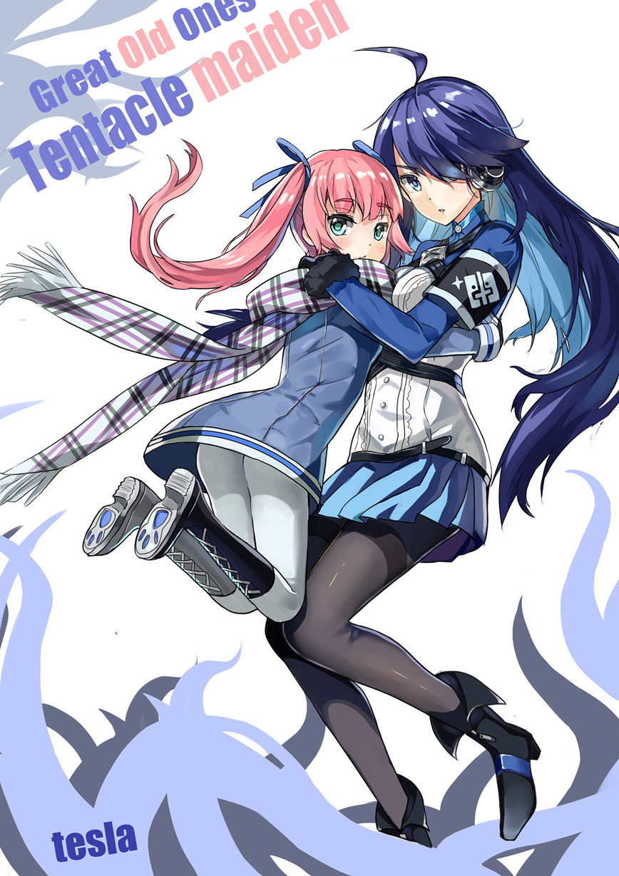 2girls ahoge artist_name black_legwear blue_eyes blue_hair blue_ribbon blue_skirt blush closed_mouth green_eyes hair_ribbon high_heels highres holding_person long_hair looking_at_another multiple_girls original pantyhose pink_hair qihai_lunpo ribbon scarf skirt twintails very_long_hair white_legwear