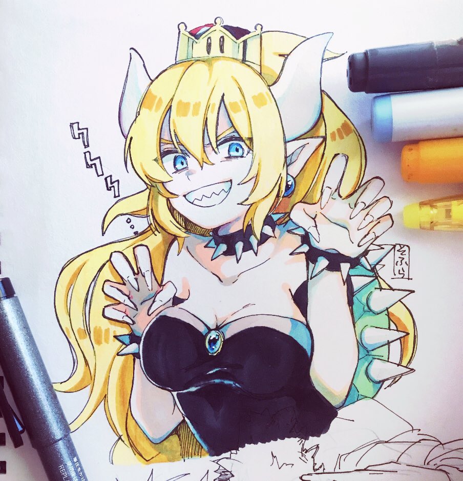 1girl bangs bare_shoulders black_dress blonde_hair blue_eyes bowser bowsette bracelet breasts claw_pose cleavage collar collarbone commentary_request crown dress earrings fingernails genderswap genderswap_(mtf) grin hair_between_eyes hands_up horns jewelry large_breasts long_fingernails long_hair mini_crown new_super_mario_bros._u_deluxe photo pointy_ears ponytail sharp_fingernails sharp_teeth sidelocks smile sofra solo spiked_bracelet spiked_collar spikes strapless strapless_dress super_crown teeth traditional_media turtle_shell v-shaped_eyebrows very_long_hair