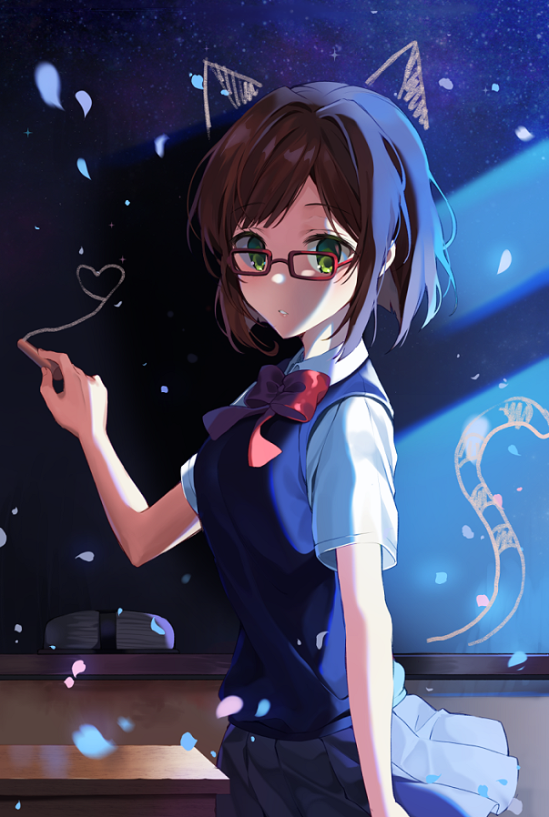 1girl animal_ears bangs bow breasts brown_hair cat_ears cat_tail chalk chalkboard collared_shirt commentary drawn_ears drawn_tail eyebrows_visible_through_hair glasses green_eyes grey_skirt hair_intakes heart holding idolmaster idolmaster_cinderella_girls looking_at_viewer looking_to_the_side maekawa_miku parted_lips petals pinb pleated_skirt red-framed_eyewear red_bow school_uniform shirt short_hair short_sleeves skirt small_breasts solo sweater_vest symbol_commentary tail tail_raised white_shirt