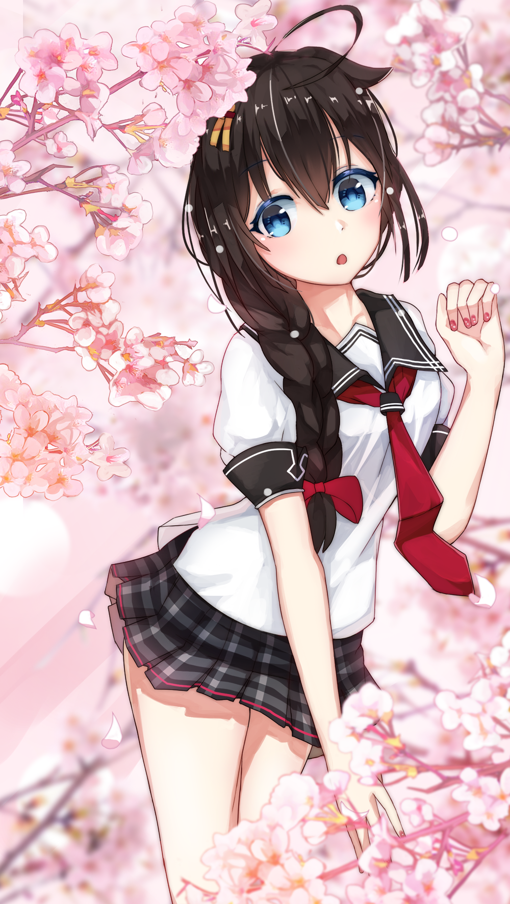 1girl ahoge black_hair black_skirt blue_eyes bow braid braided_ponytail flower hair_between_eyes hair_bow hair_ornament hair_over_shoulder highres kantai_collection long_hair looking_at_viewer miniskirt neckerchief open_mouth pcbl petals pink_flower pleated_skirt red_bow red_neckwear sailor_collar shigure_(kantai_collection) shirt short_sleeves side_ponytail single_braid skirt solo white_shirt
