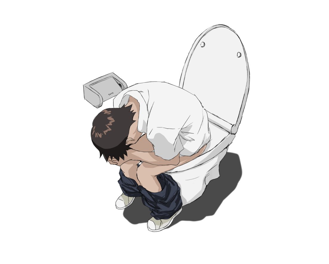 1boy brown_hair clothes_pull commentary facing_down full_body hinoki_(kunka) ikari_shinji male_focus neon_genesis_evangelion own_hands_together pants pants_pull parody shadow shirt short_hair short_sleeves simple_background sitting solo toilet toilet_use white_background white_shirt