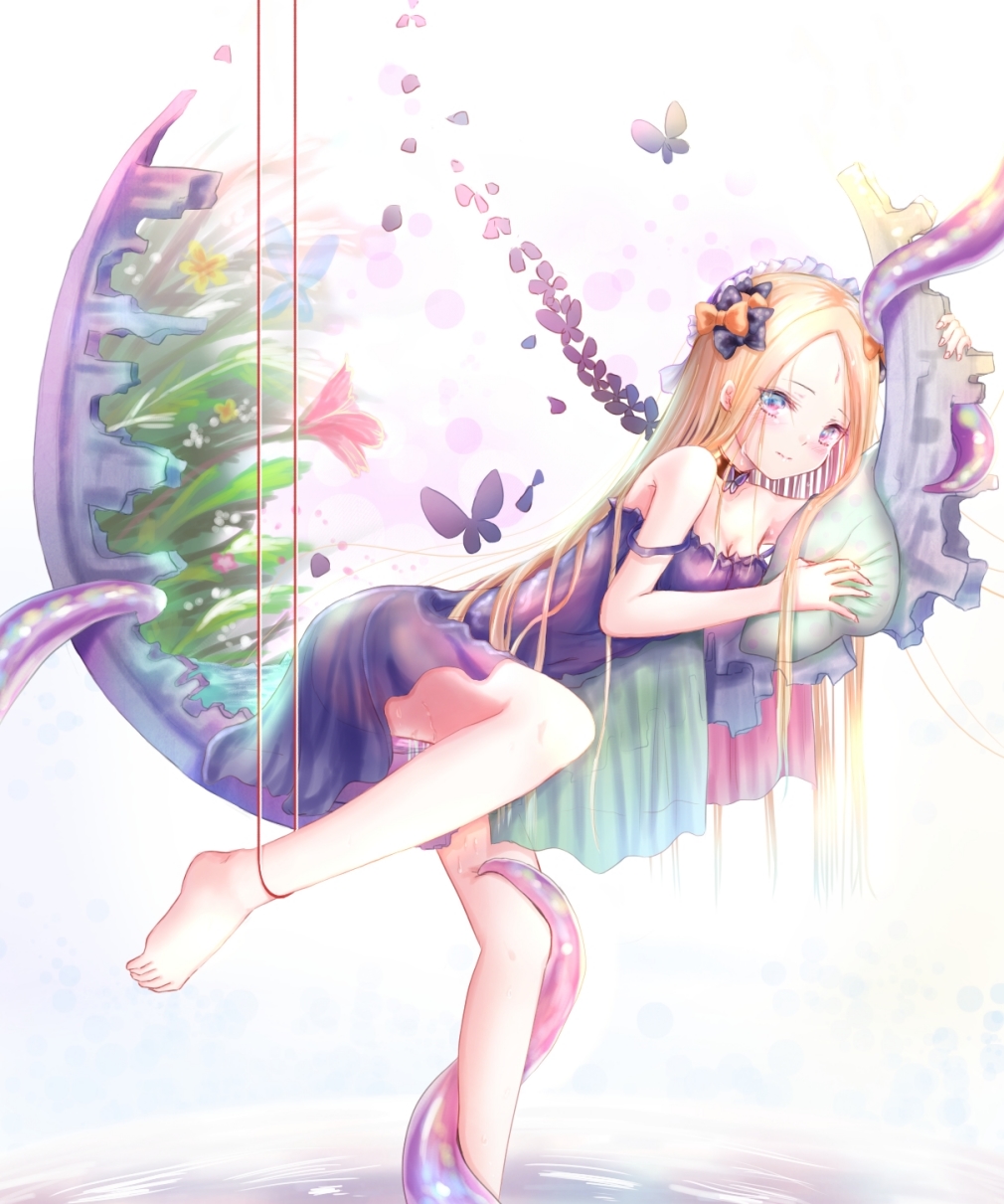 1girl abigail_williams_(fate/grand_order) animal bangs bare_arms bare_shoulders barefoot black_bow black_dress blonde_hair blush bow breasts bug butterfly cleavage closed_mouth commentary_request dress fate/grand_order fate_(series) flower forehead hair_bow highres insect long_hair long_sleeves looking_at_viewer orange_bow parted_bangs polka_dot polka_dot_bow red_flower sanka_tan sleeveless sleeveless_dress small_breasts solo strap_slip tentacle very_long_hair violet_eyes yellow_flower